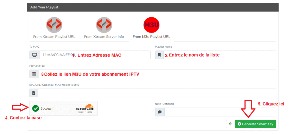 page de configuration du lien m3u sur l application smartone iptv