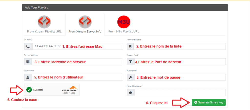 page de configuration des xtream codes sur l application smartone iptv