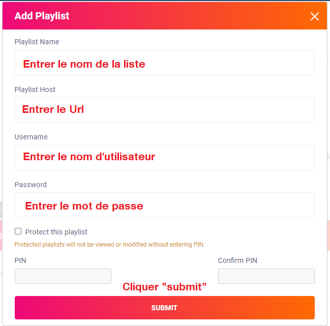 fenetre pour installer un code xtream sur ibo player pro