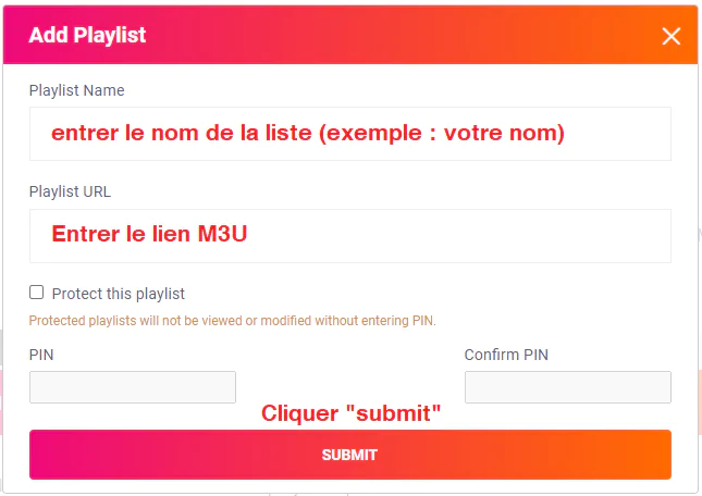 fenetre pour installer un lien m3u sur ibo pro player