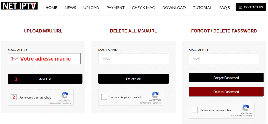 page web de configuration des codes iptv sur Net IPTV