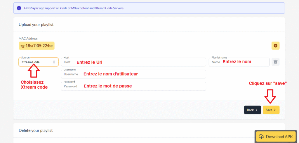 page web pour installer un xtream code sur hot player