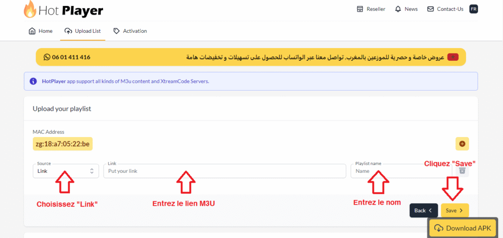 page web pour installer un lien m3u sur Hot iptv player