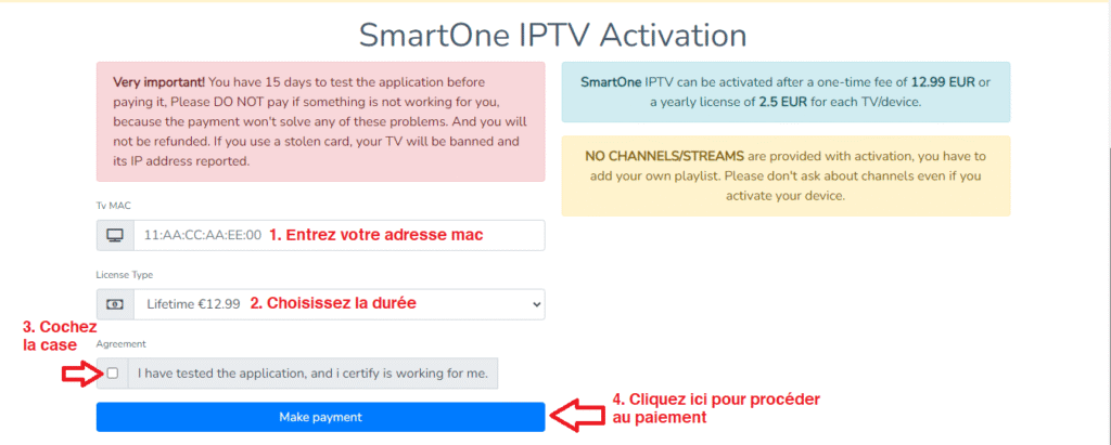 page d'achat (activation) de l application Smartone iptv